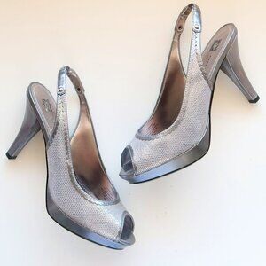 Anne Klein Silver Leather Leather Peep Toe Sling-back Platform Heels Pumps Shoes
